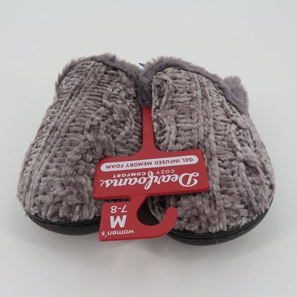 Dearfoams Women Medium 7-8 Grey Chenille Cable Knit Faux Fur Slide Slippers NEW - Picture 3 of 13